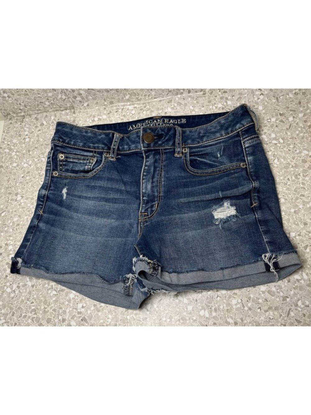 American Eagle Super Super Super Strech Denim Jean Shorts Blue Distressed Sz 10